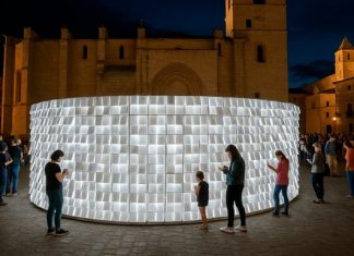Recreación de la instalación 'En hojas blancas' que se colocará en la plaza de Santa María de Cáceres para impulsar la Capitalidad Cultural de 2031 con los mensajes de los ciudadanos