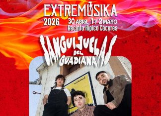 Sanguijuelas del Guadiana, primera gran confirmación de Extremúsika 2026, que regresa a Cáceres y se traslada al puente de mayo EXTREMÚSIKA 2026 anuncia fechas, primeras confirmaciones y novedades en su regreso al Recinto Hípico de Cáceres. El festival se celebrará del 30 de abril al 2 de mayo, estrenando temporada y posicionándose como uno de los primeros grandes eventos musicales del año. Entre sus primeras noticias, destaca la incorporación de Sanguijuelas del Guadiana, que ofrecerá en Cáceres su único concierto de 2026.